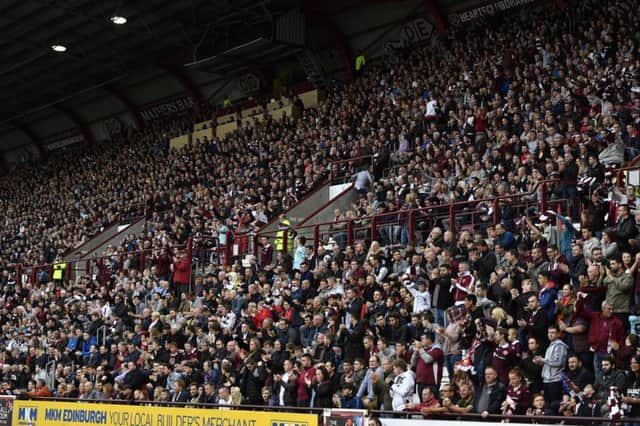 Hearts fans in the Wheatfield Stand at Tynecastle Park. Picture: SNS