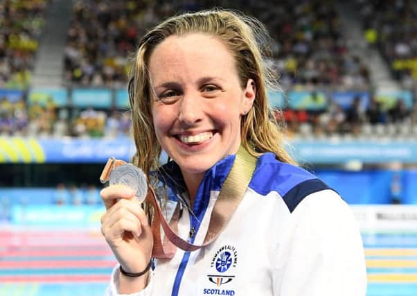 GOLD COAST, AUSTRALIA - APRIL 05:  Silver medalist Hannah Miley of Scotland smiles during the medal ceremony for the Women's 400m Individual Medley Final on day one of the Gold Coast 2018 Commonwealth Games at Optus Aquatic Centre on April 5, 2018 on the Gold Coast, Australia.  (Photo by Quinn Rooney/Getty Images)