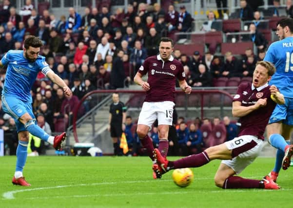 Christophe Berra, right, puts in a block for Hearts during their 2-0 win over Aberdeen. Pic: SNS