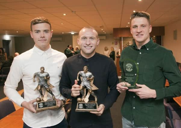 From left, Ryan Porteous, Dylan McGeouch and Vykintas Slivka show off their awards. Pic: Alistair Linford