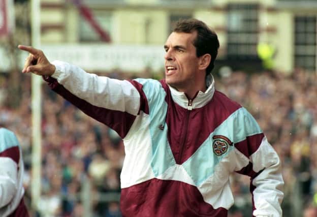 Hearts' new manager Joe Jordan shouts to the team during the Hearts v Dundee United football match at Tynecastle in September 1990.