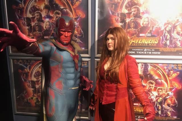 Avengers super fans attended the exclusive sneak preview. Louise Saul dressed as Scarlet Witch. Callum Macinnes dressed as Vision.