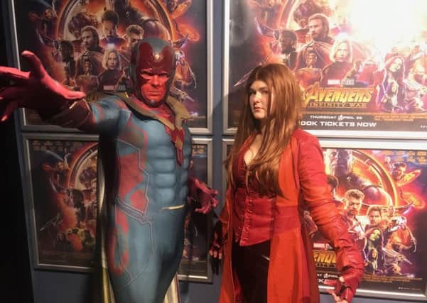 Avengers super fans attended the exclusive sneak preview. Louise Saul dressed as Scarlet Witch. Callum Macinnes dressed as Vision.