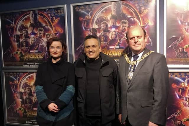 Director Joe Russo with Rosie Ellison of Film Edinburgh and and the Lord Provost of Edinburgh Frank Ross.