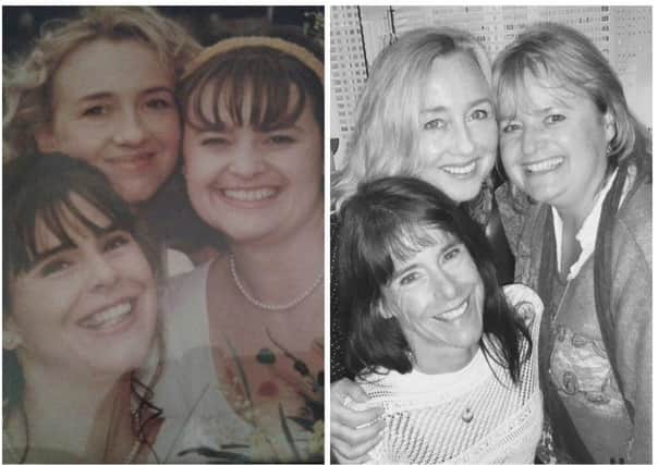 Wendy Robbins (bottom left) pictured at a friend's wedding in 1996 and a recreation of the same photo taken last year.