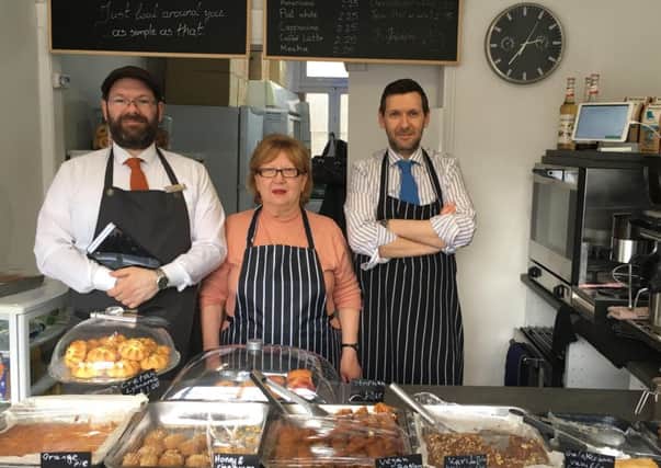 Artisan Greek Pastries, Portobello High Street. Owner Eleftherios Amourgianos, left, his mother Roula and brother Panos.