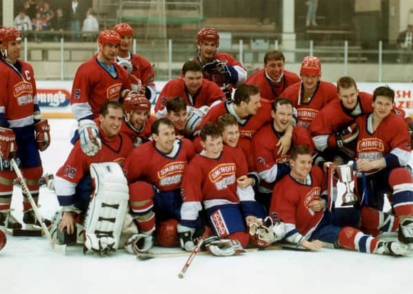 Murrayfield Racers celebrate winning the Capital Foods Scottish Cup for the fifth year in a row in 1991