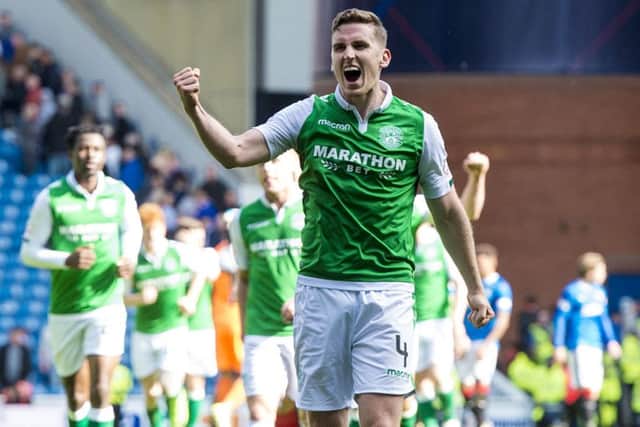 Hanlon celebrates beating Rangers 3-2 at Ibrox in August last year. Picture: SNS Group