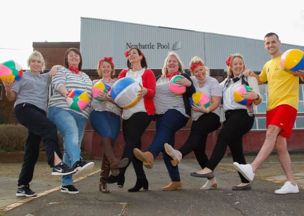 The Ladies of Newtongrange Community First with Newbattle Pool lifeguards helping to promote the upcoming Pool Party at Newbattle Pool due to the pool closure and the new pool opening in the new Newbattle Centre