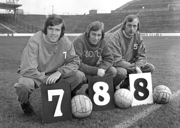 Hibs footballers Pat Stanton, Alex Cropley and Alan Gordon at Easter Road in September 1974. The numbers represent the number of goals each of them had scored so far that season