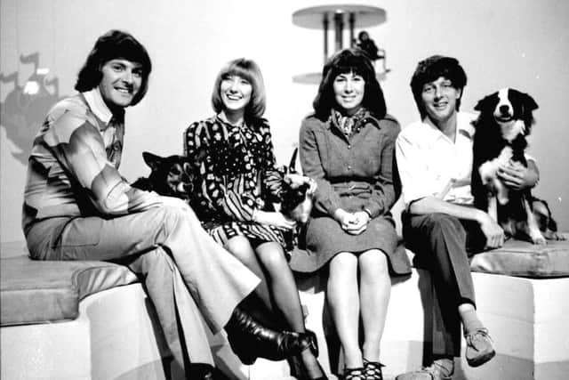 "Blue Peter" lineup circa 1972 (l/r) Peter Purves, Lesley Judd, Valerie Singleton and John Noakes with his beloved "Shep". Picture: PA