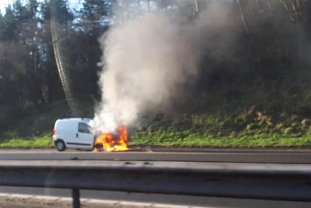 A white van was on fire on the M8. Picture; contributed