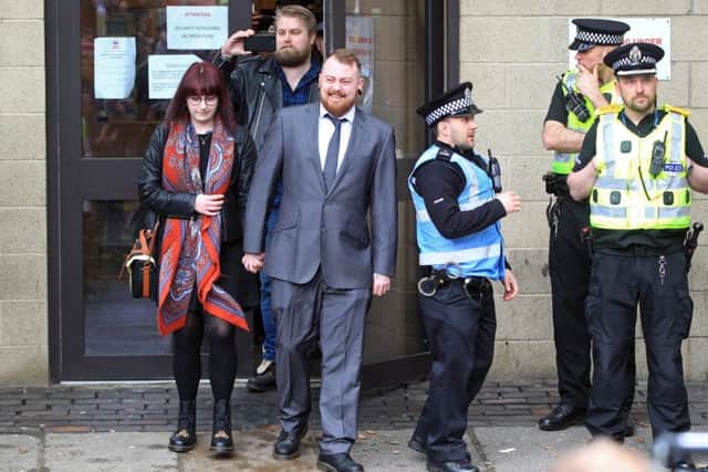 Mark Meechan leaves Airdrie Sherriff Court, with girlfriend Suzanne Kelly, where he was fined after being found guilty of a hate crime. April 23 2018. Picture; Centre Press