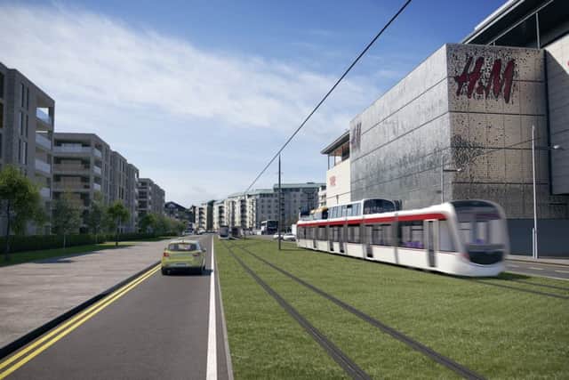 An artist's impresions of how the trams will look passing Ocean Terminal in Leith
