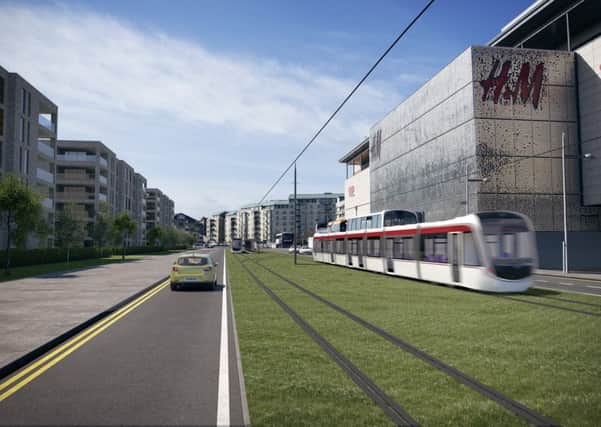 An artist's impresions of how the trams will look passing Ocean Terminal in Leith