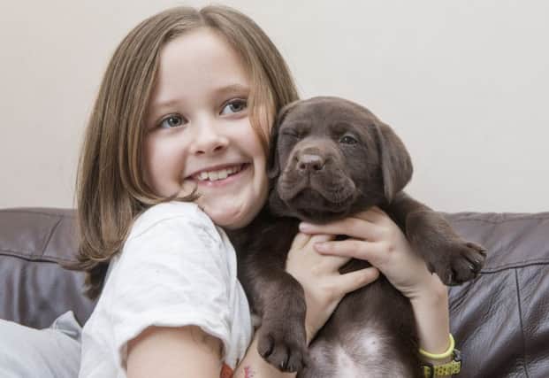 Nine-year-old Hannah Borthwick with her assistance dog Bailie, a chocolate brown Labrador puppy.