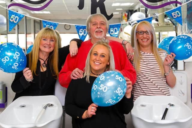 Dennis wilson, who opened his hair salon "Hair Kare" in Woodburn Rd, Dalkeith 50 years ago on 5th May1968. He is pictured with staff members l to r:  Anne Walker, Linzi Naismith and Lissa Bow.