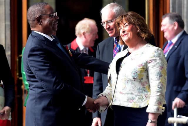 President Mutharika is welcomed by external affairs secretary Fiona Hyslop at the City Chambers in Edinburgh. Picture: Lisa Ferguson