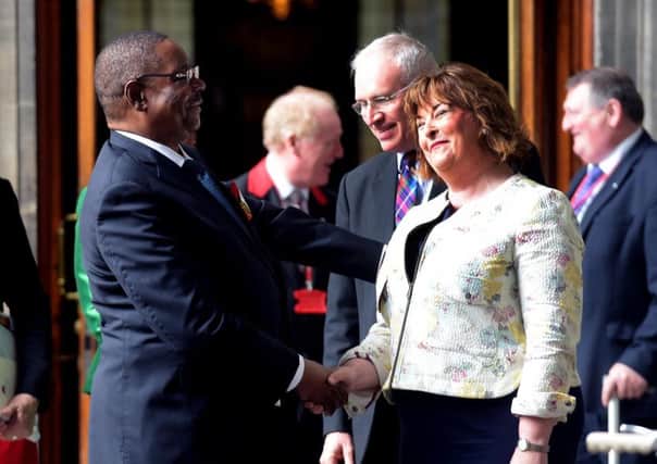 President Mutharika is welcomed by external affairs secretary Fiona Hyslop at the City Chambers in Edinburgh. Picture: Lisa Ferguson