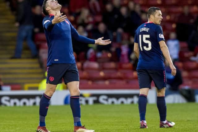 Hearts defender John Souttar shows his frustration at Pittodrie