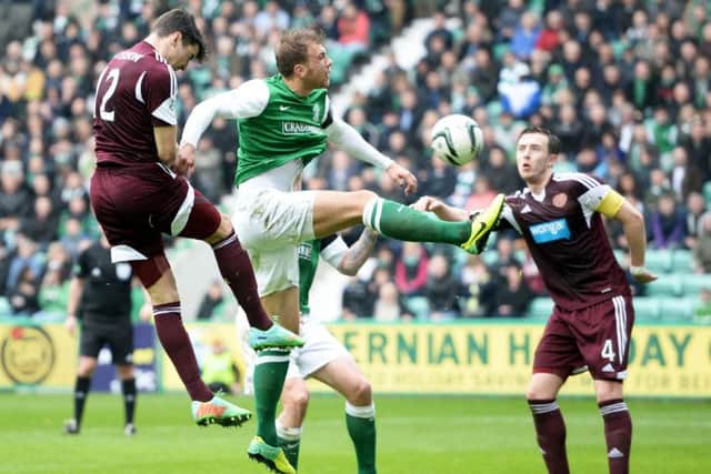 Callum Paterson scores his first goal of the match for Hearts