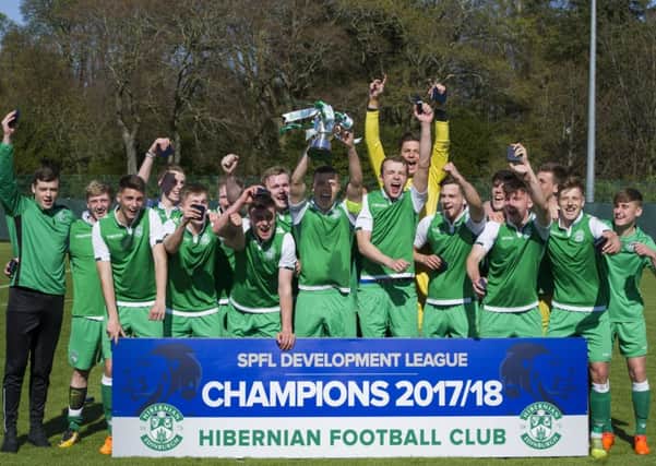 Hibs Under-20s show off the SPFL Development League trophy. Pic: Ian Rutherford