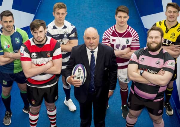 SRU chief executive Mark Dodson was joined by, back row left to right Chris Laidlaw of Boroughmuir), Nick Sutherland (Heriot's), Ross Graham (Watsonians), Craig Jackson (Melrose), front row Ross Bundy (Stirling County) and Steven Longwell (Ayr)