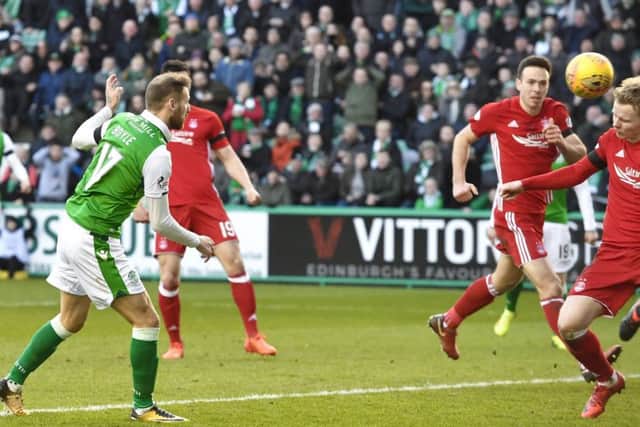 Martin Boyle opens the scoring against Aberdeen at Easter Road in February