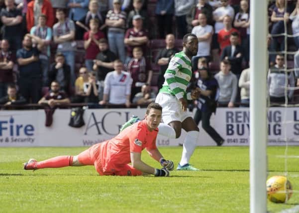 Celtic's Moussa Dembele scores the crucial goal to put Celtic 2-1 ahead against Hearts. Pic: SNS