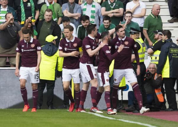 Hearts celebrate their opening goal against Celtic. Pic: SNS