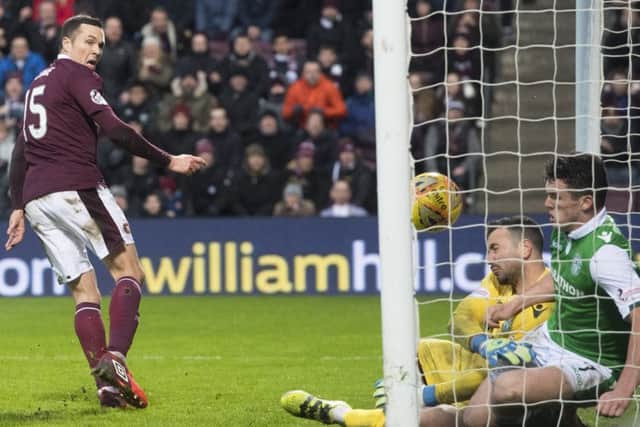 Hearts' Don Cowie glances home the winner against Hibs when the two teams met in the Scottish Cup back in January. Pic: SNS
