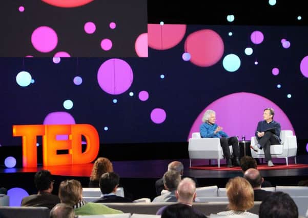 Author and cognitive science professor Steven Pinker (L) speaks with TED Conference curator Chris Anderson during a TED Conference in Vancouver, Canada. Picture: Getty Images/AFP