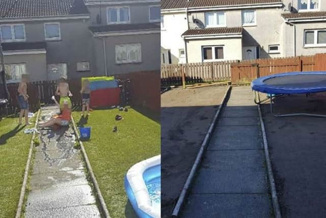 Before and after. The scene after brazen thieves stole the entire garden
