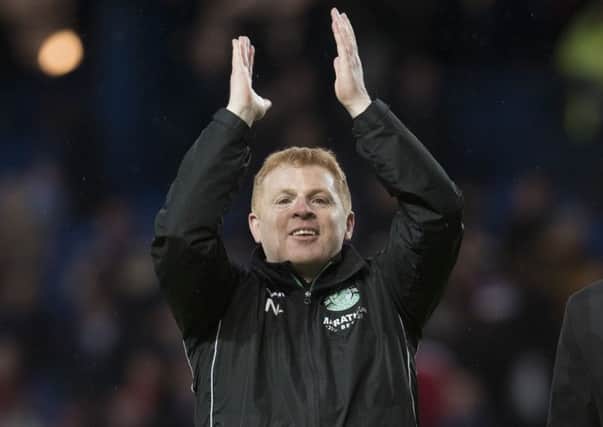 Hibs boss Neil Lennon celebrates after Hibs defeated Rangers at Ibrox. Picture: SNS/Craig Foy