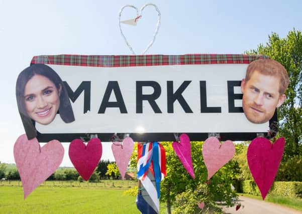 The decorated Markle sign at the the small hamlet in East Lothian. Picture: SWNS