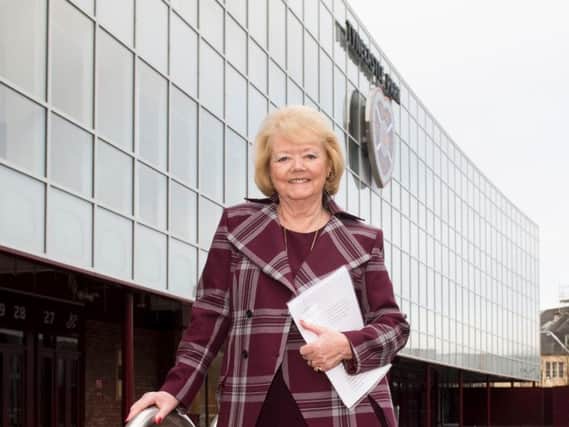 Hearts owner Ann Budge outside the new 15m stand at Tynecastle Park