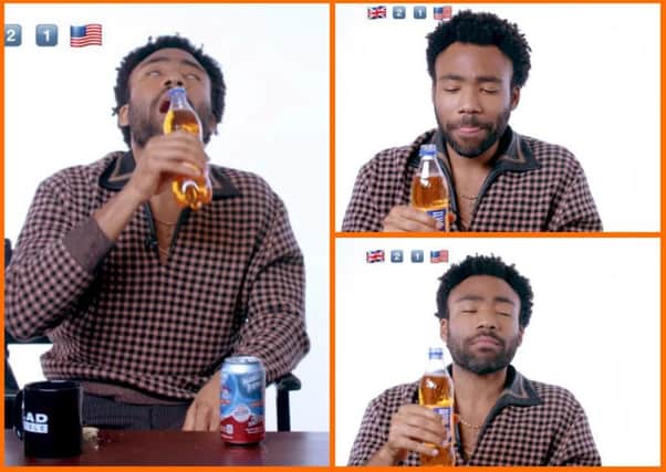 Donald Glover tried Irn-Bru for the first time. Picture: LADbible/YouTube