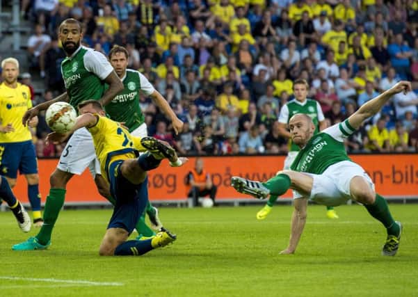 David Gray scored the only goal in Brondbyvester as Hibs beat Brondby but the Easter Road side lost on penalties. Picture: SNS Group