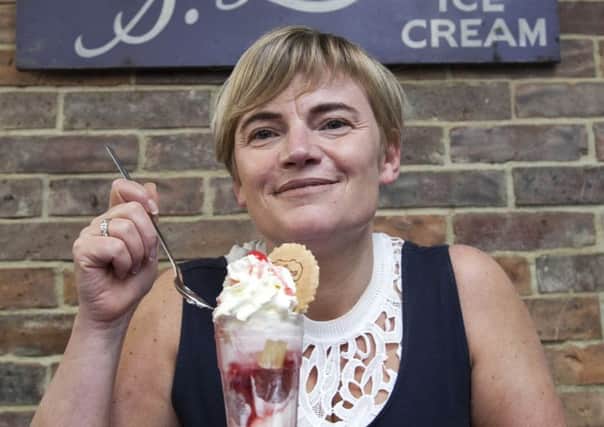 Yolanda Luca with a knickerbocker glory at Luca's ice cream, Morningside