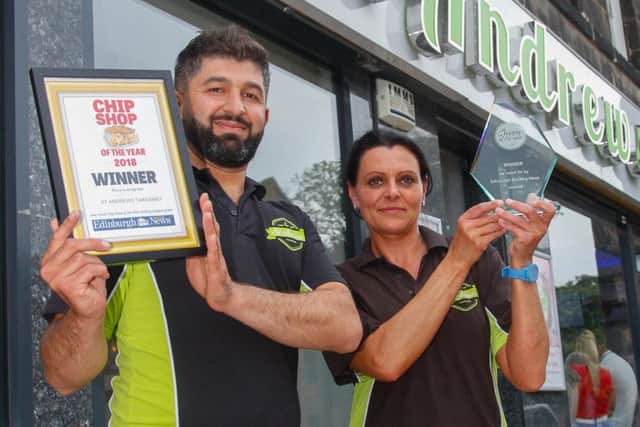 The winners: St Andrews in Portobello, Edinburgh Evening News Chippy of the year 2018.  Harem and Monicka with the awards.