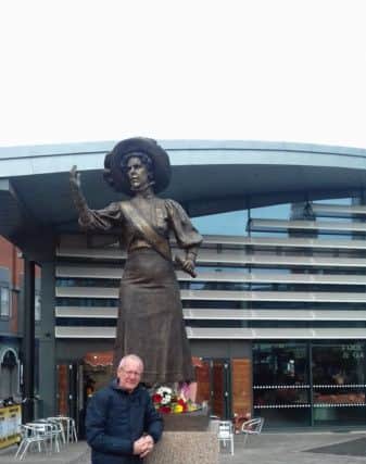 PeterBarratt, great grandson of suffragette Alice Hawkins at statue raised for her in Leicester