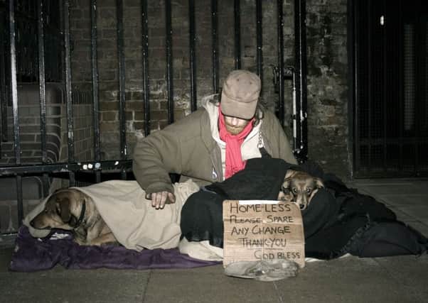 A homeless man with his dogs begs for cash