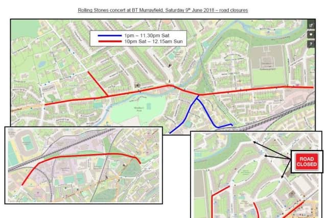 A number of roads are closed entirely around Murrayfield ahead of the Rolling Stones gig. Picture; @edintravel