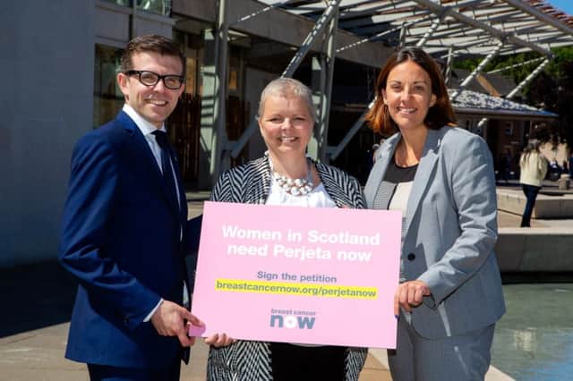 Jen Hardy and Laurence Cowan from Breast Cancer Now meet Kezia Dugdale