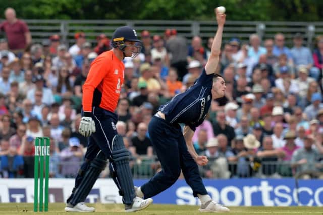 Chris Sole bowls during the One Day International match between Scotland and England at The Grange. Picture: Mark Runnacles/Getty Images
