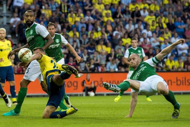 David Gray scores for Hibs against Brondby in 2016. Pic: SNS