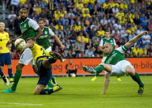 David Gray scores for Hibs against Brondby in 2016. Pic: SNS