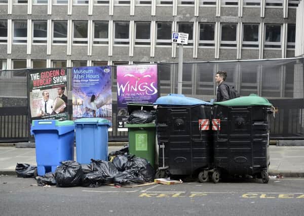 Overflowing bins on Lady Lawson Street, Edinburgh