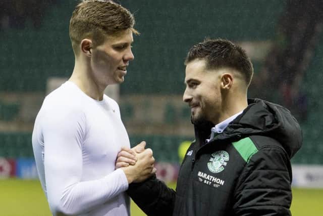 Florian Kamberi, left, and Jamie Maclaren, right, struck up an excellent relationship at Hibs last season. Pic: SNS