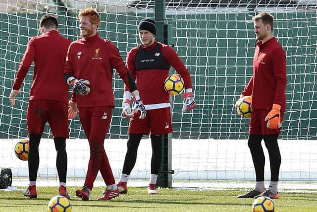 Bogdan at Liverpool training with fellow goalkeepers Loris Karius, centre, and Simon Mignolet